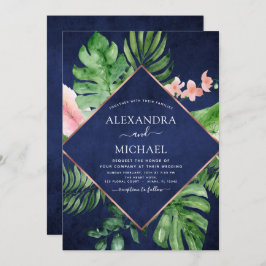 Tropical Navy Blue Watercolor Geometric Wedding Einladung