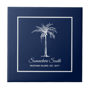 Tropical Navy Blue White Palm Tree Personalisiert Fliese