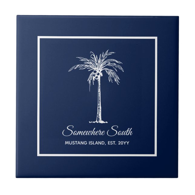 Tropical Navy Blue White Palm Tree Personalisiert Fliese (Vorderseite)