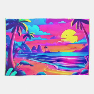 Tropical Neon Beach Sunset Art Geschirrtuch
