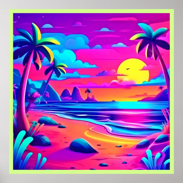 Tropical Neon Beach Sunset Art Poster (Vorne)