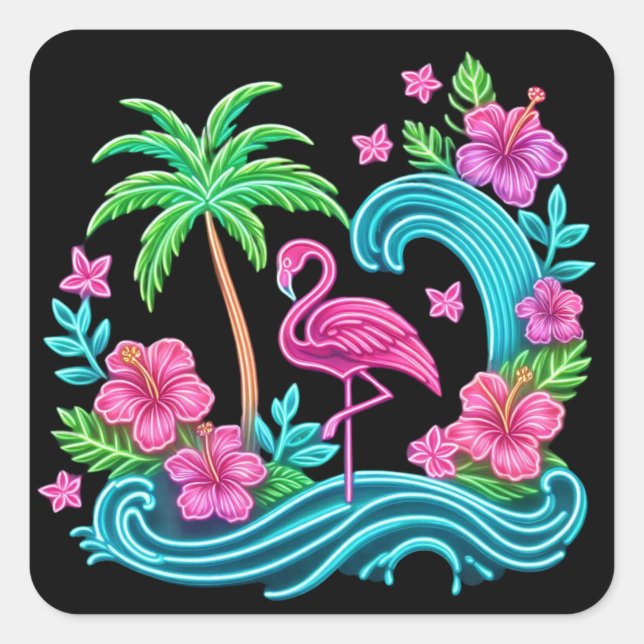 Tropical Neon Flamingo Quadratischer Aufkleber (Vorderseite)