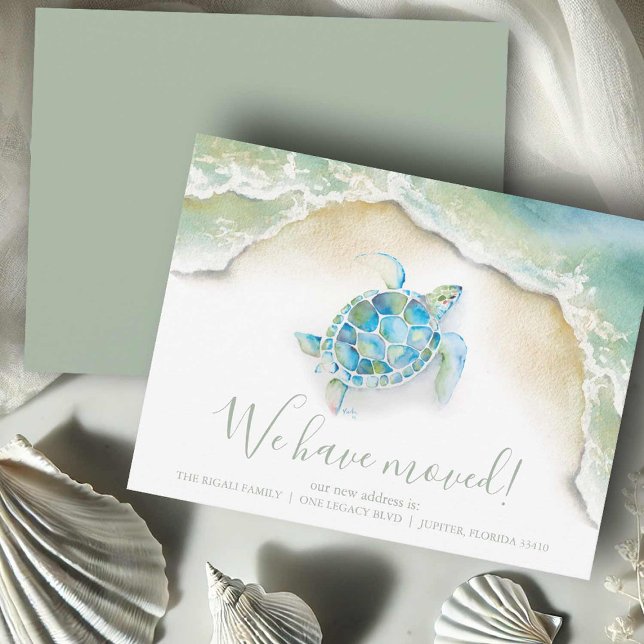 Tropical New Address Cards Save The Date (Moving announcement cards watercolor sea turtle ocean art by Victoria Grigaliunas DoTellABelle)