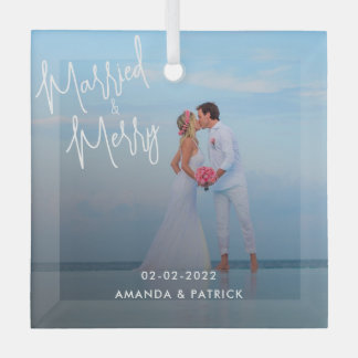Tropical Newlywed Foto Script Verheiratet und Merr Ornament Aus Glas