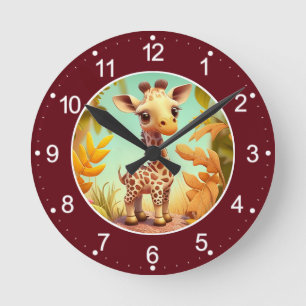 Tropical Niedlich Baby Giraffe Cartoon Runde Wanduhr