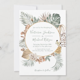 Tropical Oasis Modern Palm Wreath Wedding Einladung