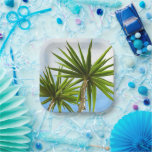Tropical Oasis Pappteller<br><div class="desc">Transform your space with this vibrant, painted effect artwork featuring striking palm trees. The lush green foliage against a bright blue sky creates an uplifting ambiance, making it a perfect addition to your home or office. Ideal for those seeking a touch of nature, this piece is great for wall decor,...</div>
