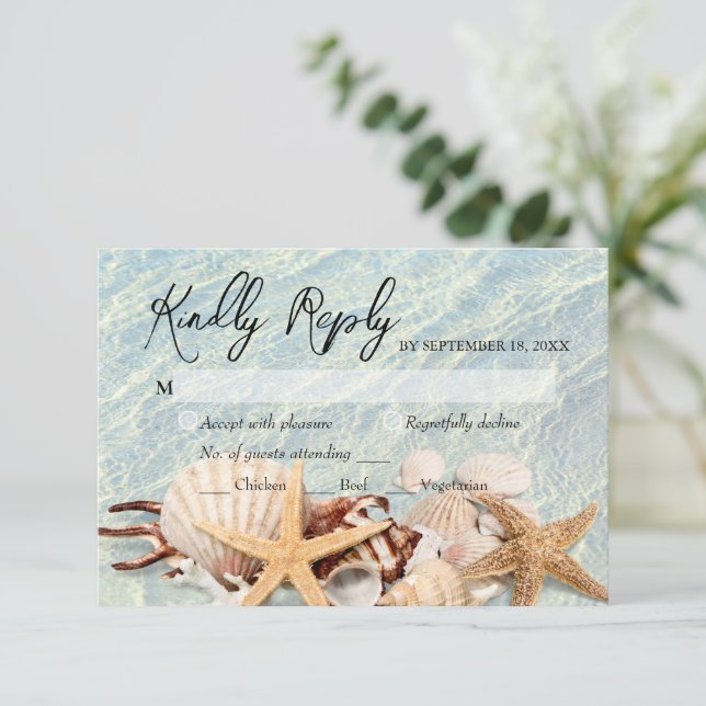 Tropical Ocean Beach Seashell RSVP Card (Stehend Vorderseite)