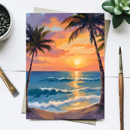 Tropical Ocean Sunset Palm Tree Watercolor Postkarte