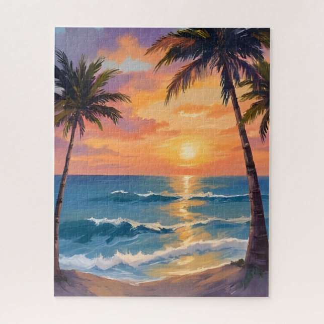 Tropical Ocean Sunset Palm Tree Watercolor Puzzle (Vertikal)