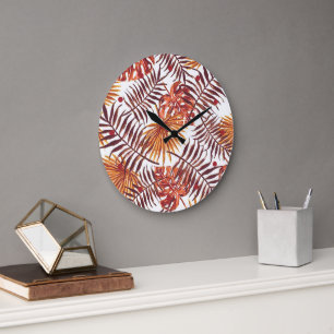 Tropical Orange Brown Palm Blätter Watercolor Kuns Große Wanduhr