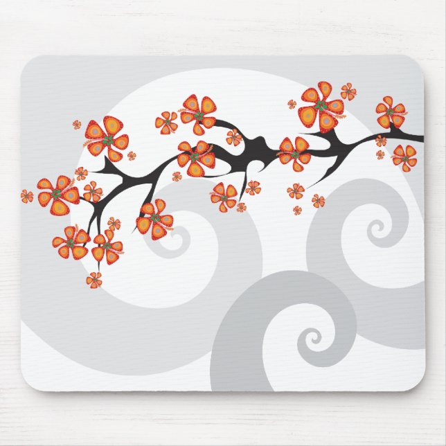 Tropical Orange Hibiskus Blume Fusion Grau Wirbel Mousepad (Vorne)