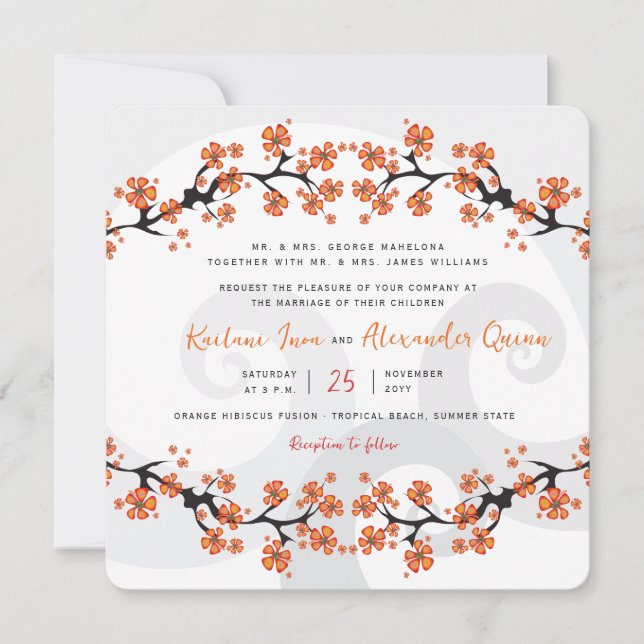 Tropical Orange Hibiskus Fusion Gray Swirl Wedding Einladung (Vorderseite)