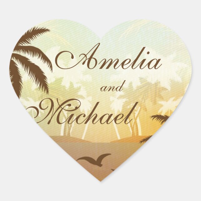 Tropical Orange Landschaftlich Beach Wedding Stick Herz-Aufkleber (Vorderseite)