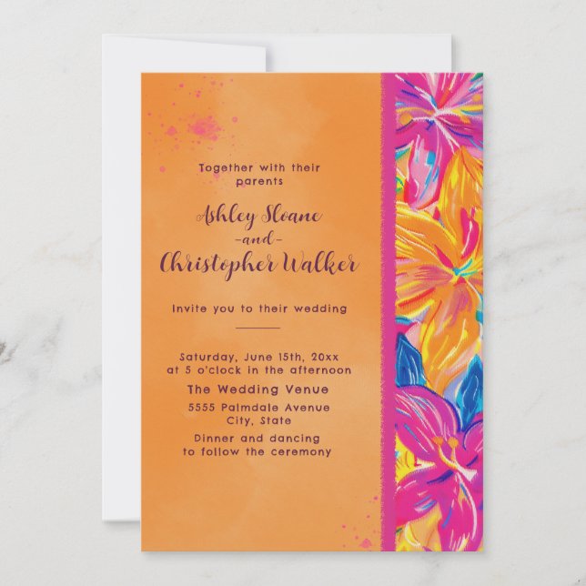 Tropical Orange Pink Watercolor Floral Wedding Einladung (Vorderseite)