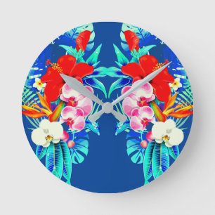 Tropical orchid and palm leaves Hawaiian floral Runde Wanduhr
