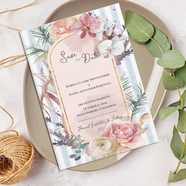Tropical Orchid Arch Wedding Save the Date Ankündigung (Tropical Orchid Arch Save the Date | Blush Floral Beach Wedding Announcement)