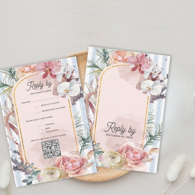 Tropical Orchid QR Code Destination Wedding RSVP Karte (Tropical Orchid QR Code RSVP Card | Blush Floral Destination Beach Wedding Response)