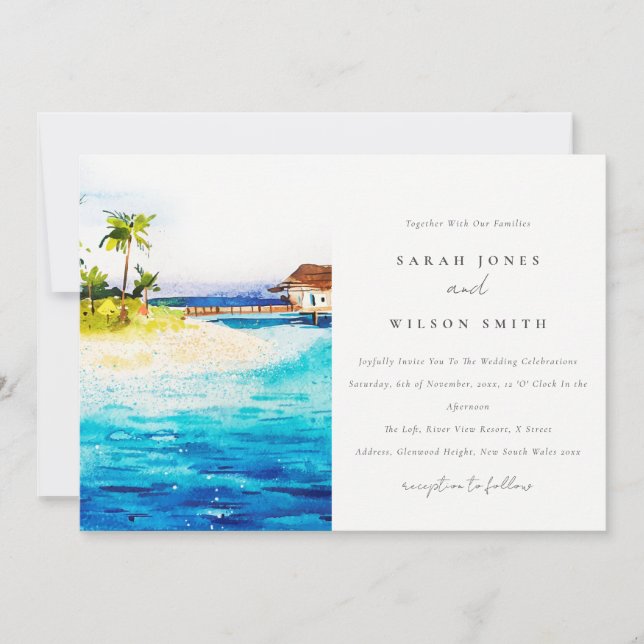 Tropical Overwater Villa Seascape Beach Hochzeit Einladung (Vorderseite)