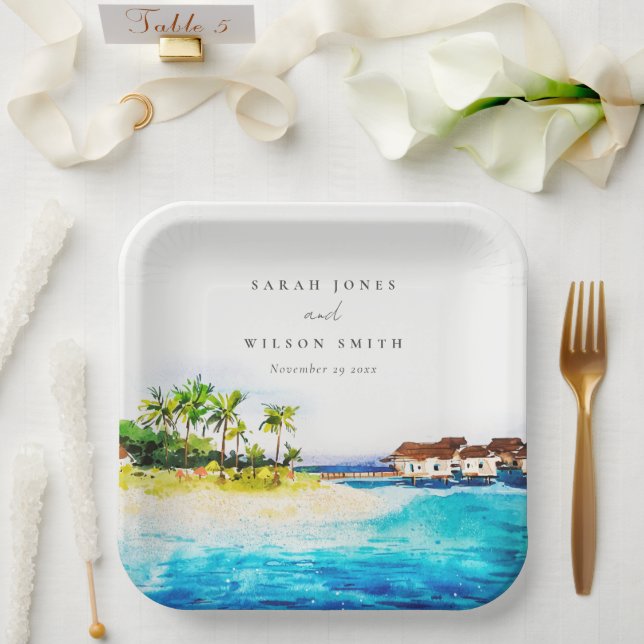 Tropical Overwater Villa Seascape Beach Hochzeit Pappteller (Hochzeit)
