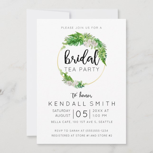 Tropical Palm and Greenery Wreath Bridal Tea Party Einladung (Vorderseite)