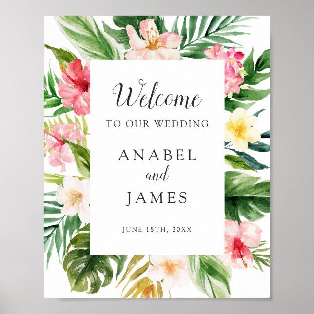 Tropical Palm Banana Leaf Blush Begrüßung Poster (Vorne)