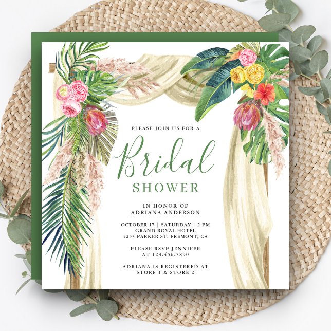 Tropical Palm Beach Boho Pampas Arch Brautparty Einladung (Von Creator hochgeladen)