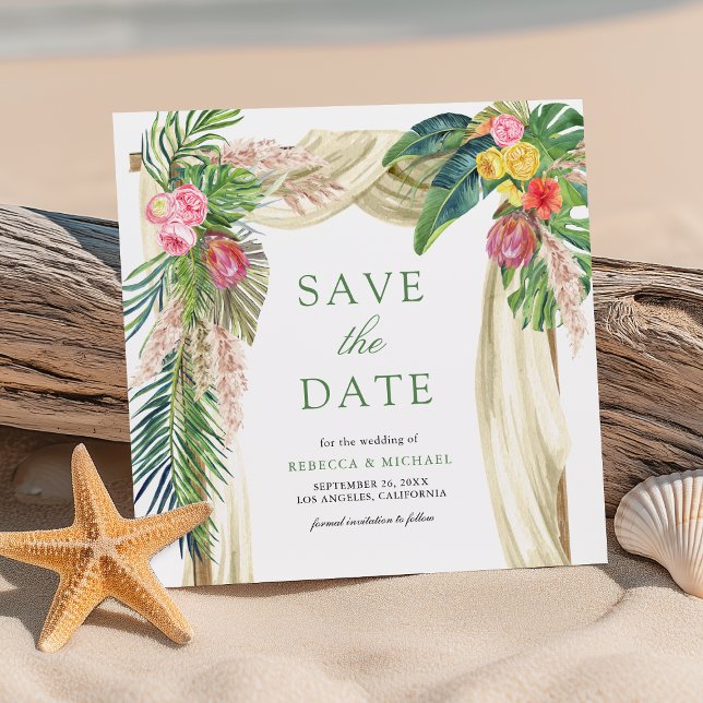 Tropical Palm Beach Boho Pampas Arch Wedding Save The Date (Von Creator hochgeladen)