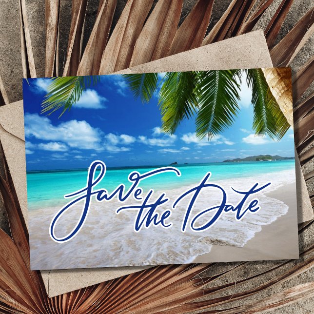 Tropical Palm Beach Hochzeit in Urlaubsort Foto Save The Date (Tropical Palm Beach Destination Wedding Photo Save The Date)