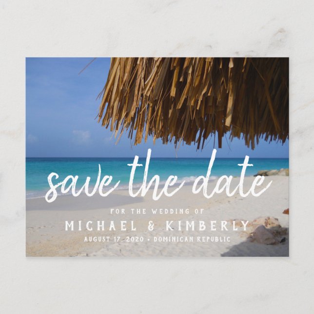 Tropical Palm Beach Hochzeit Save the Date Ankündigungspostkarte (Vorderseite)