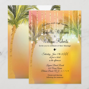 Tropical Palm Beach String Lights Wedding Einladung