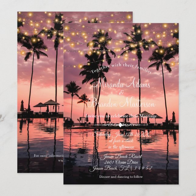Tropical Palm Beach Summer Sunset Wedge Einladung (Vorne/Hinten)