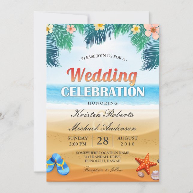 Tropical Palm Beach Summer Wedding Einladung (Vorderseite)