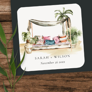 Tropical Palm Beach Wasserfarbe Cabana Hochzeit Quadratischer Aufkleber