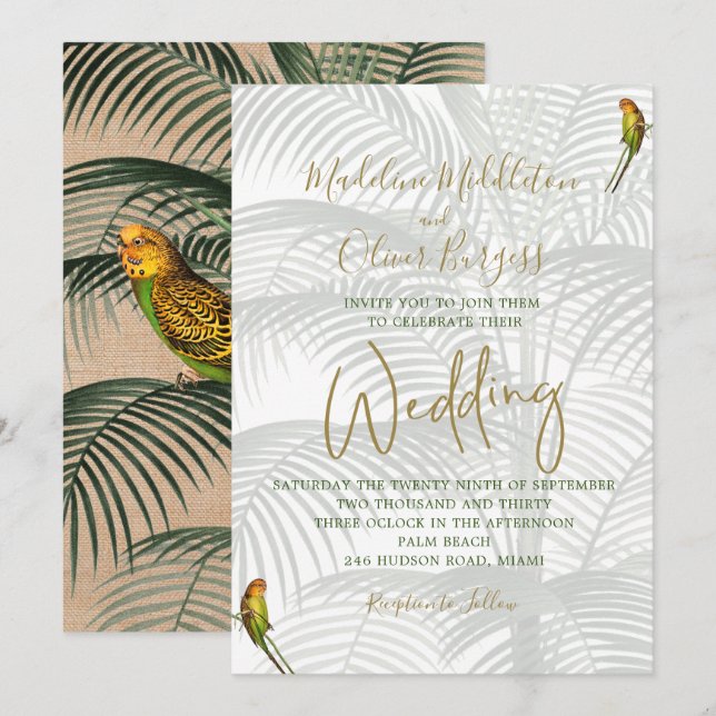 Tropical Palm Birds Elegante Rustikale Goldhochzei Einladung (Vorne/Hinten)