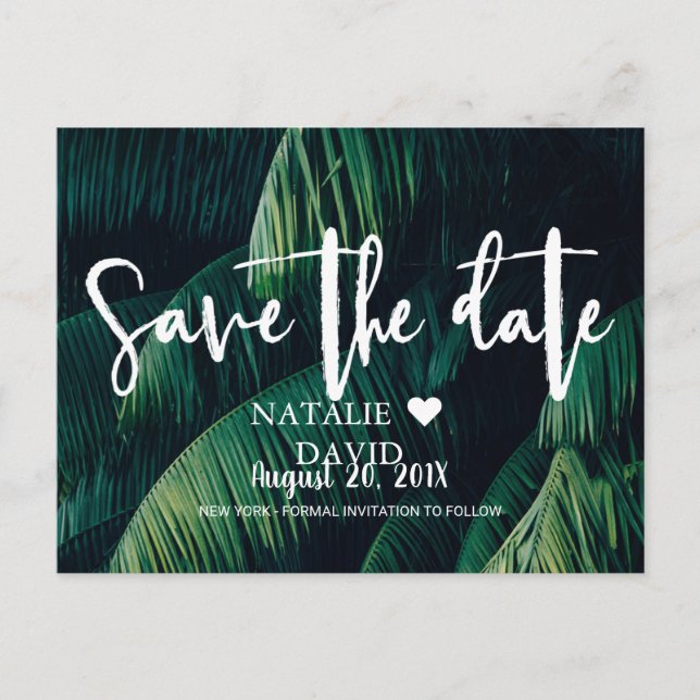 Tropical Palm Blätter Beach Wedding Save the Date Ankündigungspostkarte (Vorderseite)