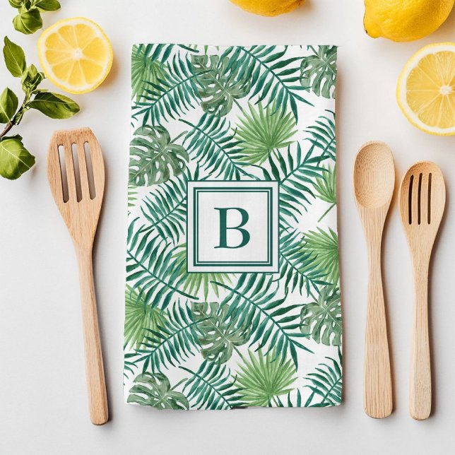 Tropical Palm Blätter Botanical Pattern Monogram Geschirrtuch (Tropical Palm Leaves Botanical Pattern Monogram Kitchen Towel)
