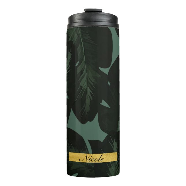 Tropical Palm Blätter Elegante Schwarz Custom Thermosbecher (Vorderseite)