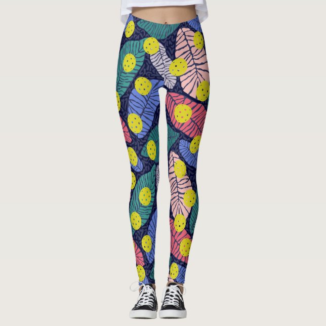 Tropical Palm Blätter Farbenfrohe Pickleball Sport Leggings (Vorderseite)