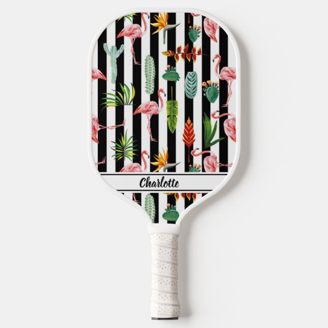 Tropical Palm Blätter Flamingo Cactus Black & Whit Pickleball Schläger (Vorderseite)