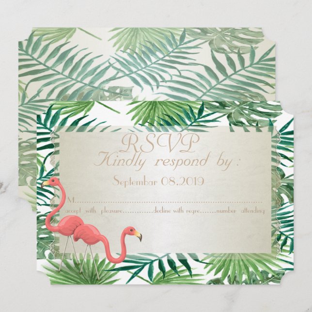 Tropical Palm Blätter, Flamingos Wedding RSVP Card Einladung (Vorne/Hinten)