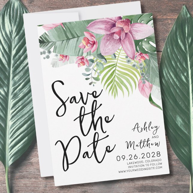Tropical Palm Blätter Floral Wedding Save The Date (Fun Modern Floral Watercolor Tropical Wedding Save The Date)