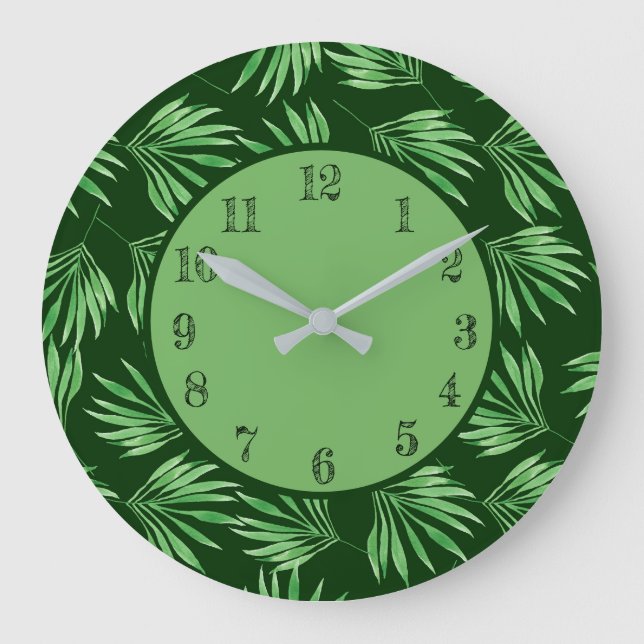 Tropical Palm Blätter Green Foliage Modern Große Wanduhr (Vorderseite)