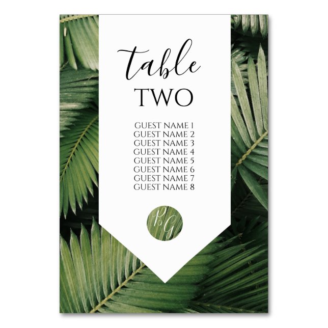 Tropical Palm Blätter Greenery Wedding Guest Names Tischnummer (Vorderseite)