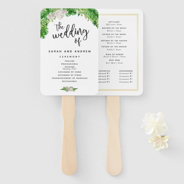 Tropical Palm Blätter & Greenery Wedding Programm Fächer (Vorne und Hinten)