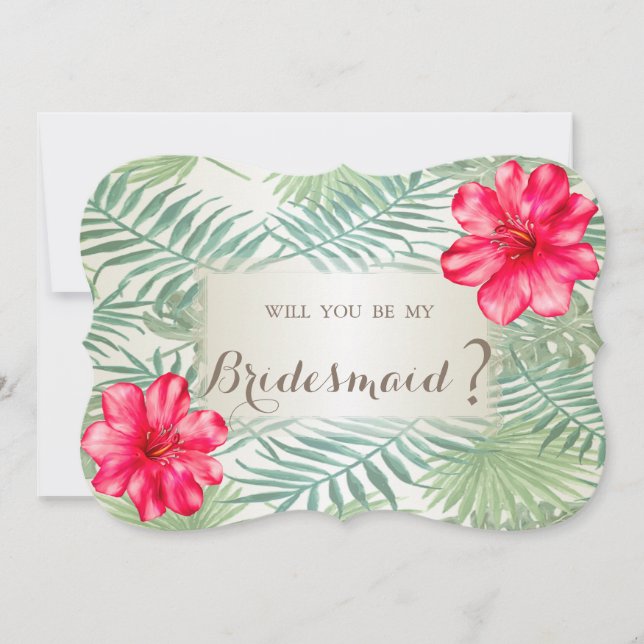 Tropical Palm Blätter ,Hibiskus Bridesmaid Card Einladung (Vorderseite)