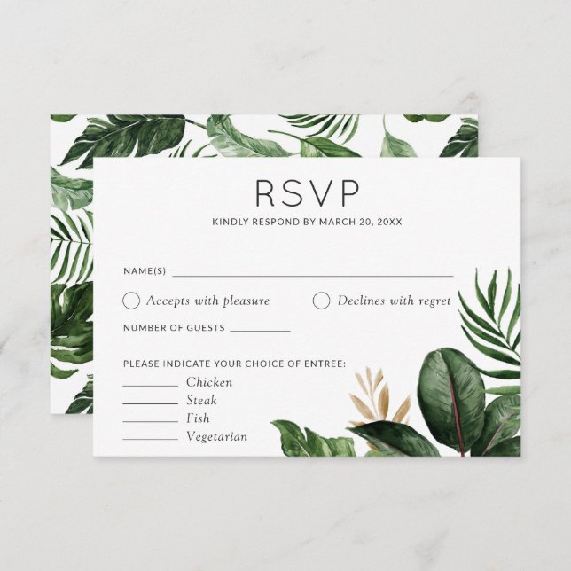 Tropical Palm Blätter Hochzeit RSVP Food Optionen Einladung (Vorne/Hinten)