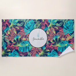 Tropical Palm Blätter Monogram Türkis Coral Strandtuch