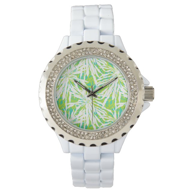 Tropical Palm Blätter Muster Armbanduhr (Vorderseite)