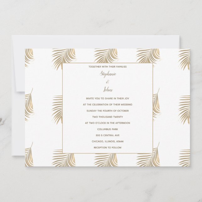 Tropical Palm Blätter Pattern Sepia Gold Wedding Einladung (Vorderseite)